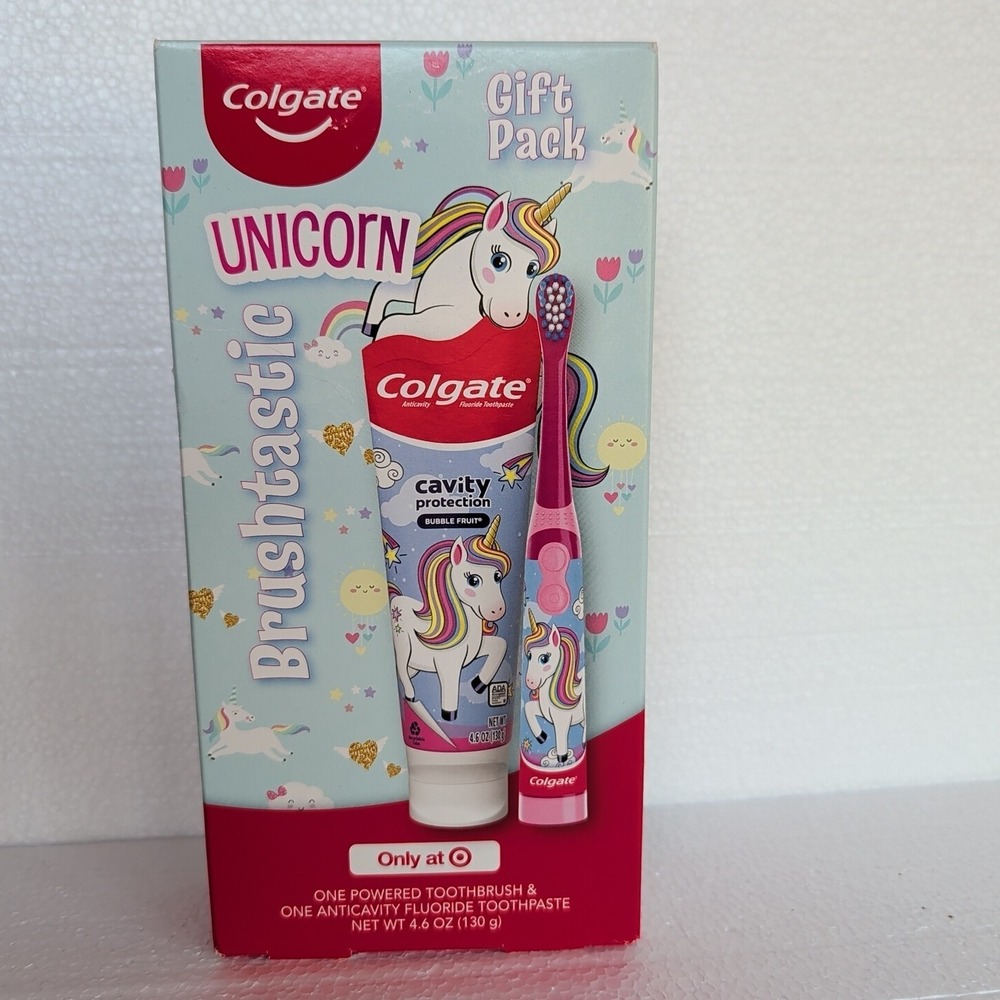 NIB Colgate Unicorn Brushtastic Kids Electric Toothbrush Gift Set Toothpaste FUN